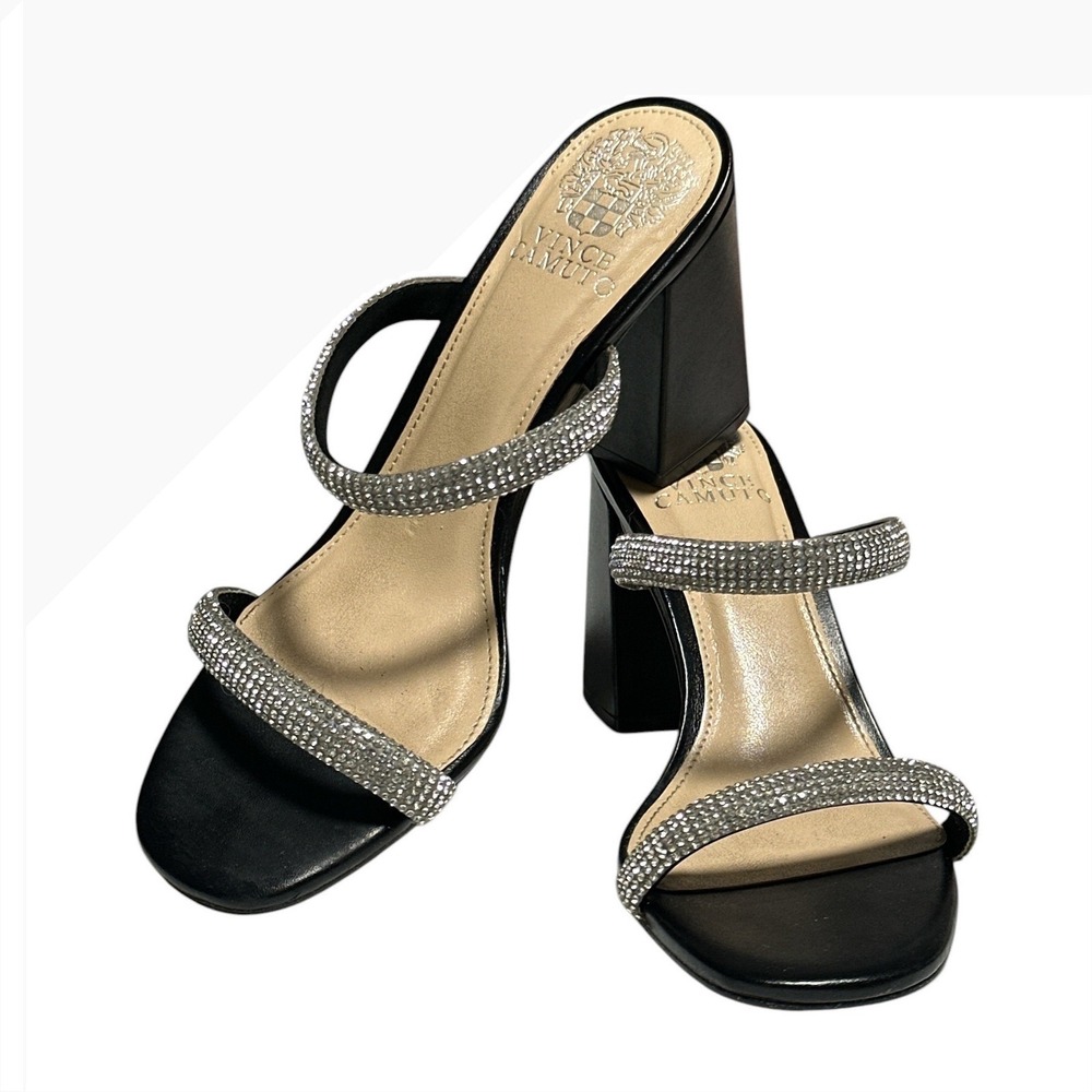 Vince Camuto Macalla Black Rhinestone Block Heel Sandals Mules 6.5M